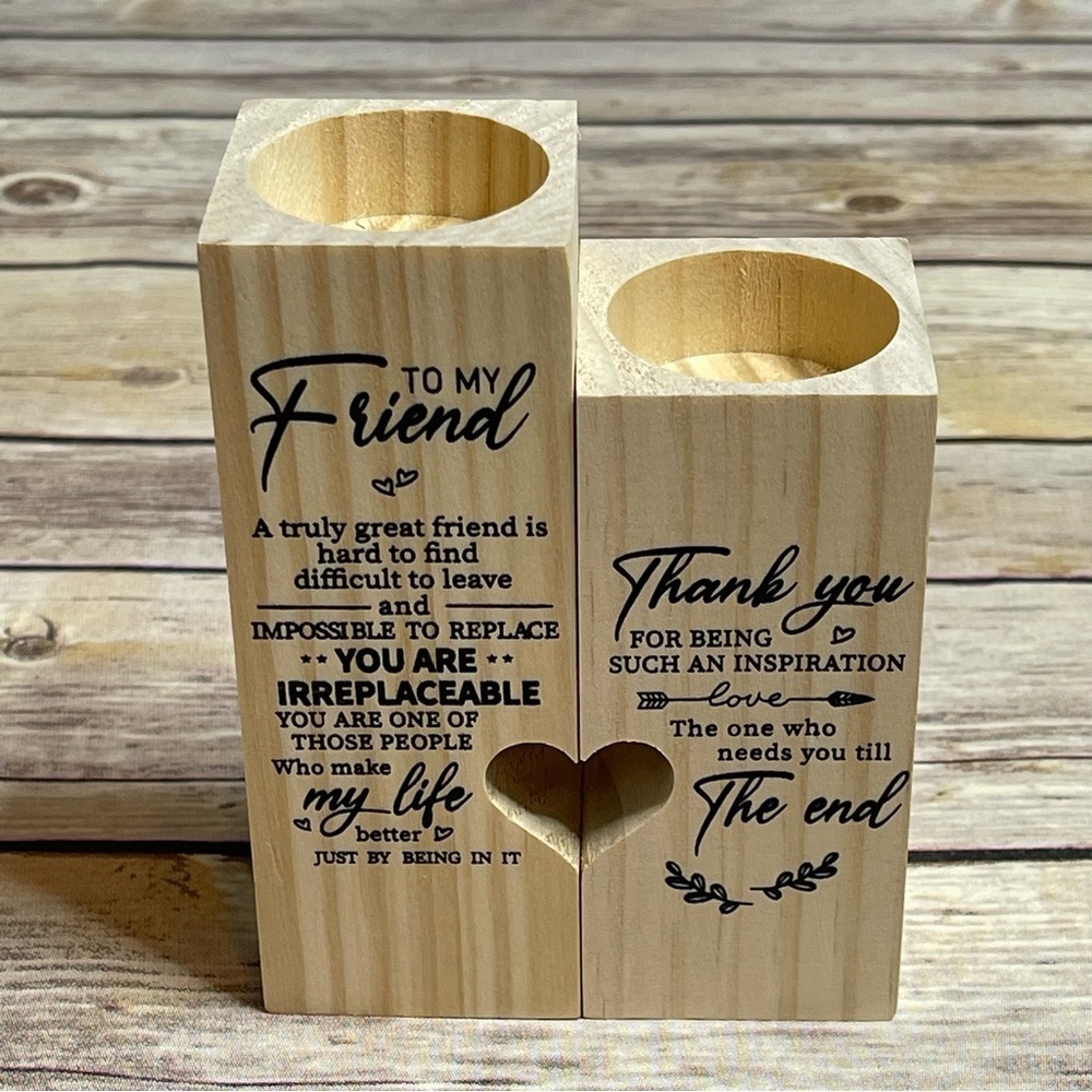 Natural Wood Tea Light Candle Holder With Heart Cutout “To My Friend” Decor